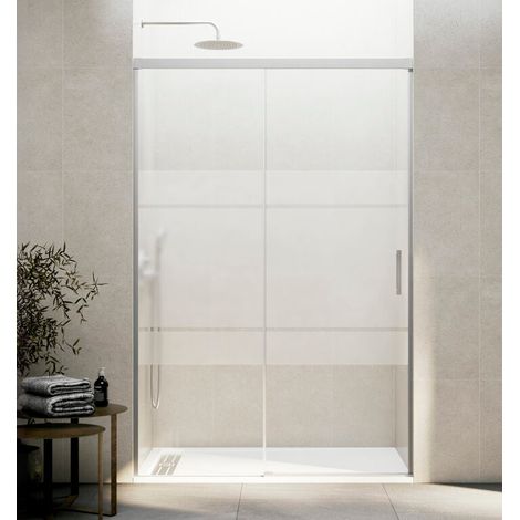 BASIC sliding shower door with fixed panel, 100 cm, Frost screen-printed glass, nickel finish