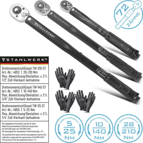 STAHLWERK Juego de tres llaves dinamométricas de 1/4", 3/8" y 1/2" hasta 210 NM (1/5)