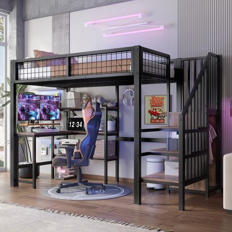 Cama alta moderna 90x200 cm con escritorio, estantes y armario, estructura de metal y MDF, negro y marrón (1/5)