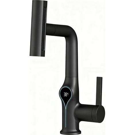 Robinet de lavabo multifonctionnel cascade (noir) avec mitigeur 4 jets, douchette extractible, affichage LED intelligent. (1/5)