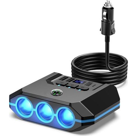 7 in 1 Allume Cigare USB C, 4 Ports 120W Multi Prise Chargeur Allume Cigare, Prise Allume Cigare 12V/24V, Chargeur Voiture USB Affichage du Tension par LED pourTablette, Phone, GPS, Dash Cam (1/5)