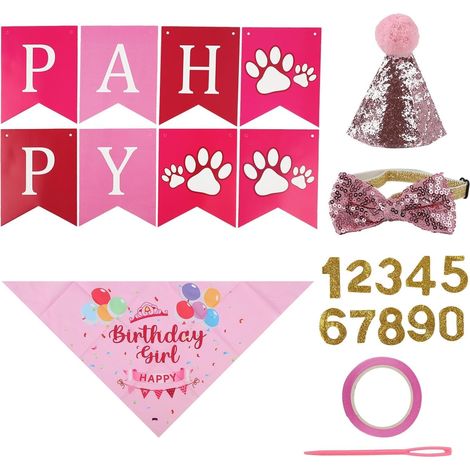 5-Piece Dog Birthday Party Accessory Set – Includes a bandana, bling hat, bow tie, hair clips, and banner for small and medium-sized dogs and cats (1/5)