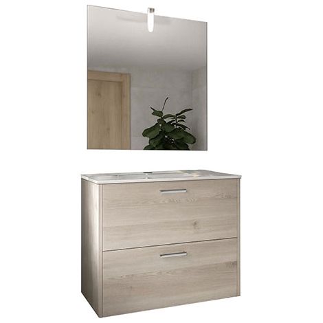Badezimmermöbel-Set aus natürlicher Eiche – Breite 600 mm – Komplettes Set: Hängeschrank mit 2 Schubladen + Waschbecken + Einfacher Spiegel + LED-Wandleuchte - URB/ELS/S/600/C