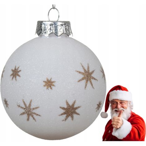 Boule de Noël 8cm Paillettes blanches avec étoiles dorées (1/2)