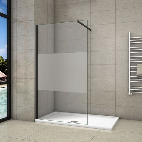 Walk In Parete Per Doccia 120x200 cm Vetro Temperato Anti-frantumi Anticalcare 8mm Striscia Satinata/Opaca Barra Stabilizzatrice da 73-120 cm Telaio Nero Opaco (1/5)
