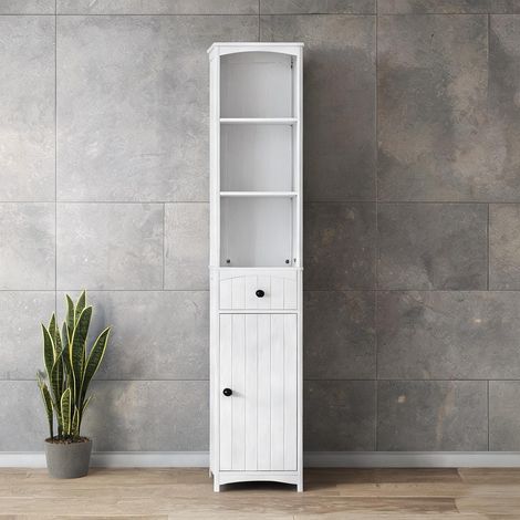 Meuble de salle de bain haut blanc en MDF avec 3 étagères en bois (1/5)