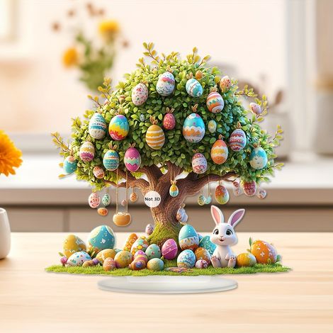 KOWOLL Décoration de Pâques en forme d'œuf 2D pour sapin, en acrylique, avec lapin et fleurs. Support inclus. Idéale pour un bureau, une étagère, une fête de Pâques ou la décoration intérieure. (1/4)