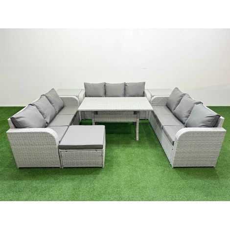 Fimous PE Rattan Lounge Sofa Set 10 Seater Outdoor Garden Furniture Set with Rectangular Dining Table 3 Seater Sofa Big Footstool 2 Side Table Light Grey (1/4)