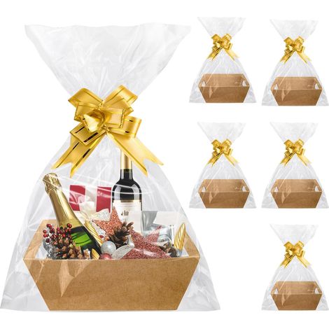 Set de paniers cadeaux, 6 paniers de présentation vides en carton avec poignées, nœud en arc et sacs cadeaux transparents, kit de paniers pour fêtes de Noël (couleur Kraft) (1/5)