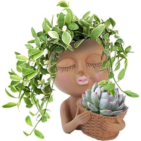 Pot de fleurs en forme de tête de fille charmante pour plantes et fleurs séchées - marron (1/5)