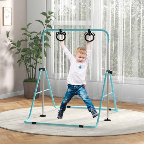 Barre de gymnastique pour enfants, barre horizontale pliable à hauteur réglable et anneaux de gymnastique, cyan (1/5)