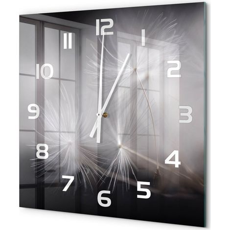 Grande Horloge Murale Carrée Déco Salon Verre Trempé Silencieuse Design Contemporain Graines de pissenlit 60x60 cm (1/5)