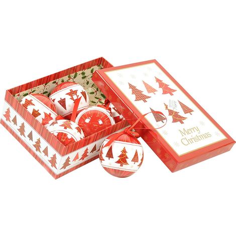 Dmora Box 6 Weihnachtskugeln, gemusterte Baum Ornamente, Set Sortiment Weihnachtskugeln, Box Weihnachtsbaum Set, Durchmesser 7,5cm, Farbe Weiß und Rot