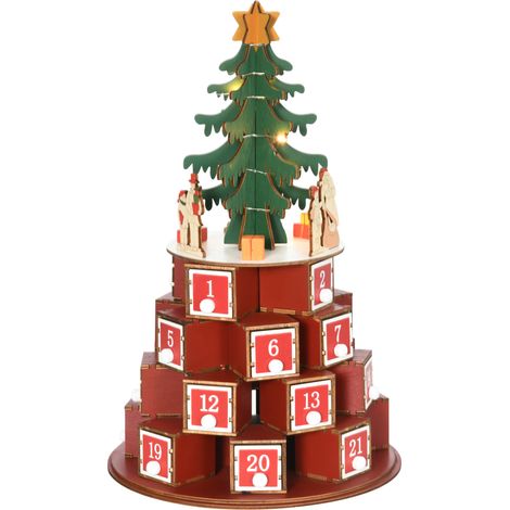 Konischer Adventskalender in Baumform, verziert mit Weihnachtsmotiven und 10 LED-Lichtern, 22 x 22 x 35 cm, aus Sperrholz, rot, grün und gelb