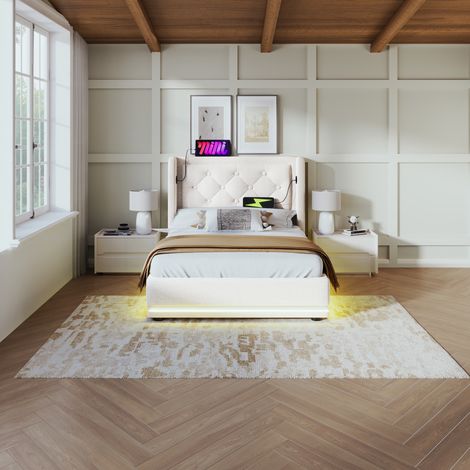 Lit individuel 90×200 cm, coton beige, rangement hydraulique, dessus rembourré, charge USB Type-C, LED sur trois côtés (sans matelas). (1/5)