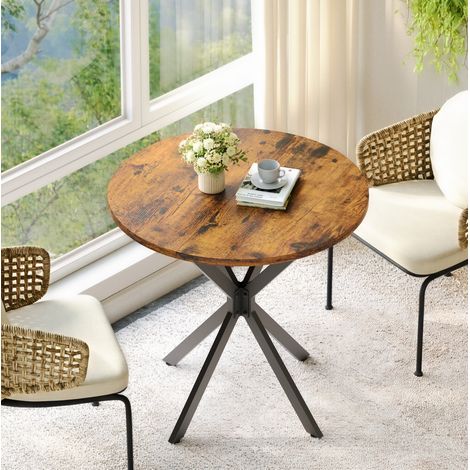 Mesa de comedor redonda Ø80 cm, estilo industrial, tablero vintage marrón y patas en X negras (1/5)
