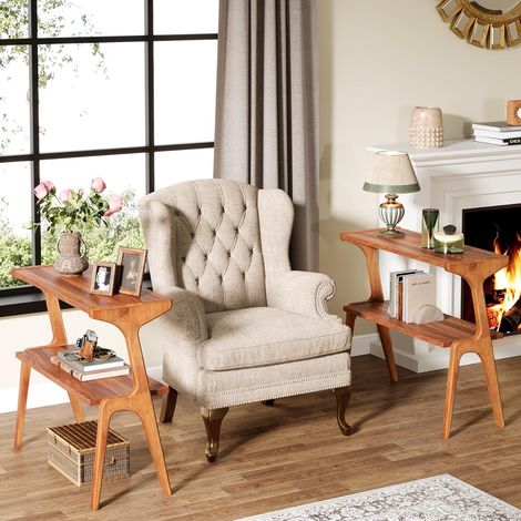 Tribesigns Schmaler Beistelltisch für Wohnzimmer, 2-stufiger schlanker Sofa-Beistelltisch mit Massivholzbeinen,Bauernhaus Langer Nachttisch (2) (1/5)