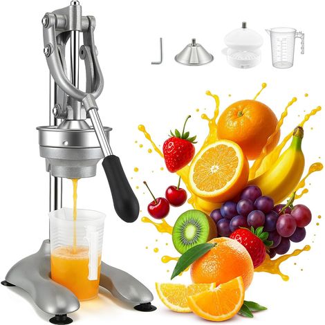Presse-Agrume Manuelle XL, Presse-Fruits pour Oranges et Agrumes, Argenté, 25 x 19 x 45 cm avec Verre Doseur 500ml