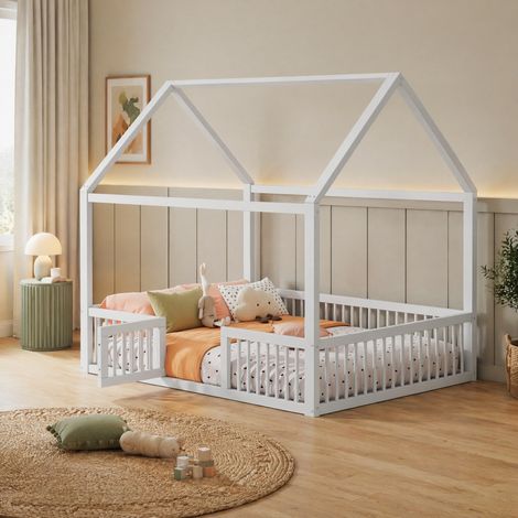 Lit cabane 140x200 avec porte, bois blanc HAVRYA (1/5)