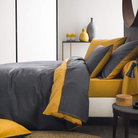 Housse de Couette Bicolore en Bambou, 200 x 200 cm, Écorce, Carbone/Moutarde (1/2)