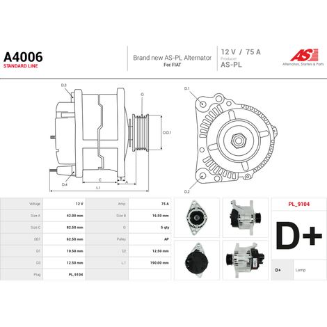 Alternateur AS-PL A4006 FIAT 1305709080 1315060080 46231763 46430110 46434930