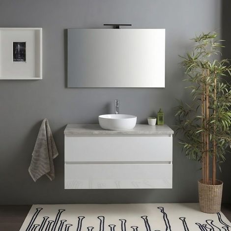 Mobile Bagno Sospeso 100Cm Bianco Lucido Top Beton Moderno E Specchio Benaco