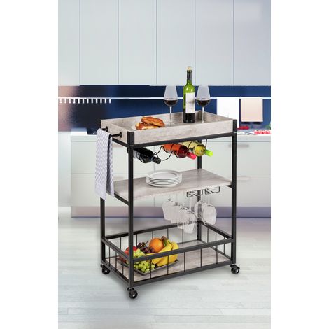 WENKO Küchenwagen Rustico Beton/Schwarz, Servierwagen, Beistellwagen, Grau, lackiertes Metall schwarz, MDF grau, Polyvinylchlorid grau (1/5)