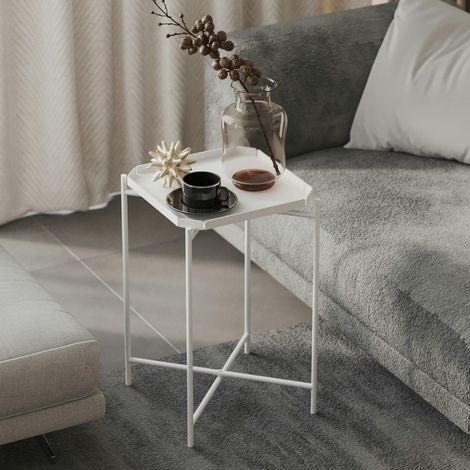 Petite table d’appoint blanche carrée, pieds croisés SFAX (1/5)