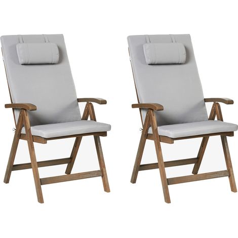 Conjunto de 2 sillas de jardín rústicas de madera de acacia natural ajustables plegables con reposabrazos cojines gris claro Amantea Premium