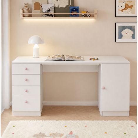 Escritorio infantil FloraGrace de MDF blanco, 155 x 45 x 75 cm, con almacenaje (1/5)