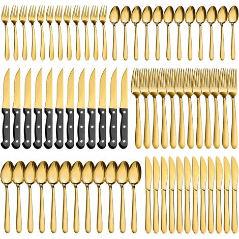 Couverts de Table 12 personnes, 72 Pièces Couvert Dorés, Set de couverts en acier inoxydable avec couteau à steak, compris fourchettes, cuillères, couteaux, résistant au lave-vaisselle (1/5)