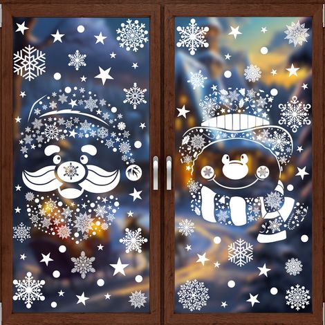 Autocollants de Noël, flocons de neige blancs, cadeaux, sapin du Père Noël, autocollants pour fenêtres, bonhomme de neige, chaussettes de Noël, rennes, décorations de fenêtres, autocollants statiques.