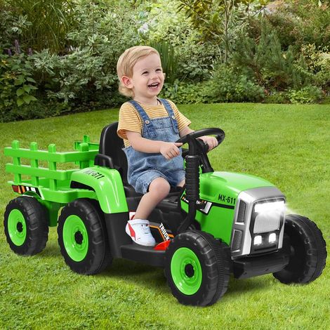 COSTWAY 12V 3-Gang Traktor mit abnehmbarem Anhaenger und 2,4G Fernbedienung, Kinder Aufsitztraktor mit LED Lichtern, Musik, Hupe, Bluetooth & USB Funktionen, geeignet fuer Kinder ab 3 Jahren Gruen