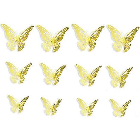 Lot de 12 stickers muraux papillons creux en métal 3D, style stéréo, couleur or (HB018, ZS-YXT1284) (1/5)