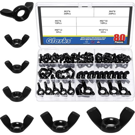 80pcs M3/M4/M5/M6/M8/M10 Kit d'assortiment d'écrous à aile noire, Écrous papillon en acier inoxydable, Écrous de serrage à torsion à main, Pièces de fixation Wingnuts pour machines (1/5)