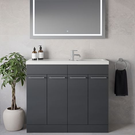 Napoli 250 Gloss Grey 1000mm 4 Door Vanity Unit with Square Silvo Basin - 1000mm - Chrome 160mm Handle