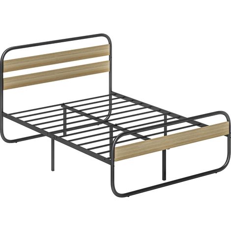 Lit double 140 x 190 cm, cadre de lit en acier style industriel, tête de lit et sommier inclus, aspect bois