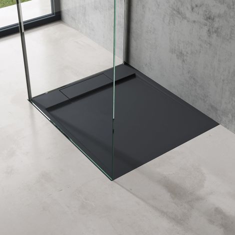 doporro Duschtasse Duschwanne 70x80x4 flach Mineralguss in Anthrazit DIN-Anschlüsse für bodenebene Montage geeignet Geoma04