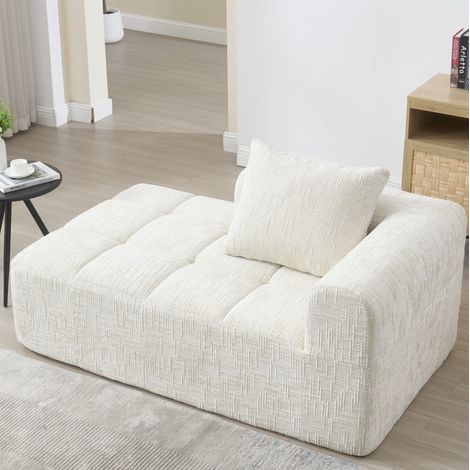 Canapé chaise longue en chenille beige 158 x 90 x 60 cm avec poches latérales et coussin (1/5)