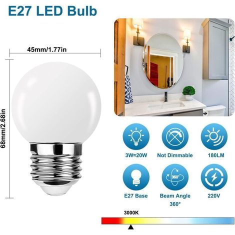 Lampadina LED E27 3W G45 a luce bianca calda – Mini globo a forma di palla da golf, angolo del fascio luminoso a 360°, non dimmerabile, confezione da 10