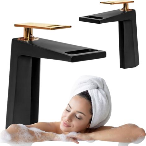 Mitigeur lavabo moderne Silla, robinet salle de bain en laiton, bec cascade, design élégant, Noir (1/4)