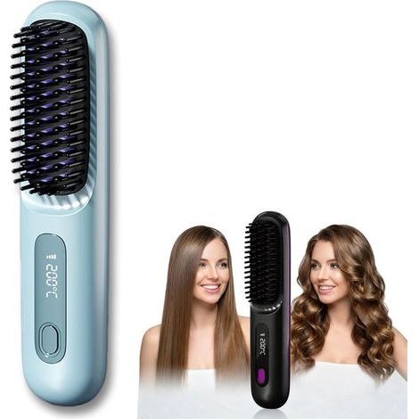 Lisseur sans fil - Peigne lissant - Brosse chauffante - Brosse de séchage - Chauffage céramique MCH - Ions négatifs - Trois réglages de température - Rechargeable par USB - Bleu (1/5)