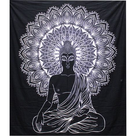Couvre-lit Double Coton + Tenture Murale N&B - Bouddha- Vendu par 1