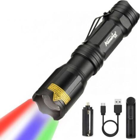X004 4 Couleur Puissante Lampe de poche Multicolore LED Rechargeable Rouge/Vert/Bleu/Blanc Lampe Torche étanche Zoomable avec Batterie Lithium, Chargeur pour le Camping Randonnée Militaire (1/5)