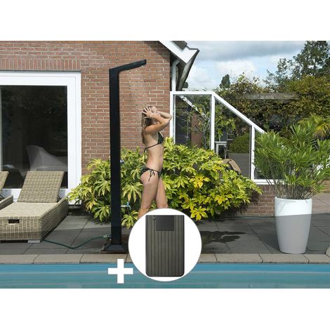 Ubbink – Douche solaire 35 L avec mitigeur et rince pieds – Colonne en aluminium noir – Hauteur 228 cm – Éclairage LED solaire
