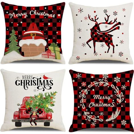 Housse de Coussin 45 x45 cm Noël Plaid Décoratif Housses Coussins pour Canapé Salon Lit Extérieur Lot de 4 Décoration Hiver Cerf Taie d'oreiller en Lin Deco Scandinave - Rouge (1/5)