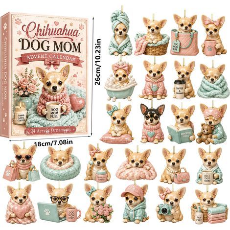 Calendrier de l'Avent Chihuahua 2026 - 24 décorations suspendues en acrylique 2D à motifs Chihuahua - Calendrier de l'Avent de 24 jours pour décorer le sapin de Noël et cadeau original pour les amoure (1/5)