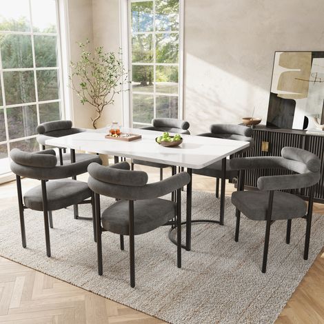 Conjunto de mesa y sillas de 7 piezas, mesa 140 x 80 cm, 6 sillas de terciopelo gris OKMYHOME (1/5)