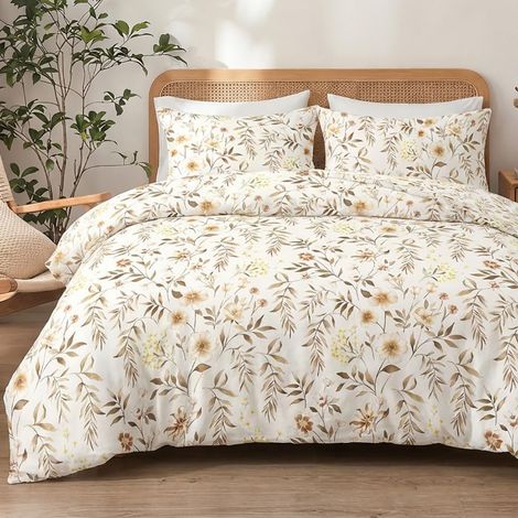 Housse de Couette 220x240 Motif Feuilles Fleurs Beige Parure de Lit Adulte avec Fermeture Éclair - Linge de Lit 2 Personnes Réversible avec 2 Taies d'oreiller 65x65 cm (1/5)