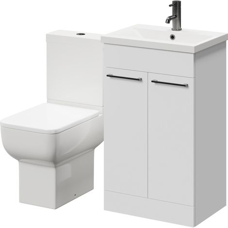 Alessio Gloss White 500mm Vanity Unit and Toilet Suite including Open Back Toilet and Floor Standing Vanity Unit with 2 Doors and Gunmetal Grey Handles (1/5)